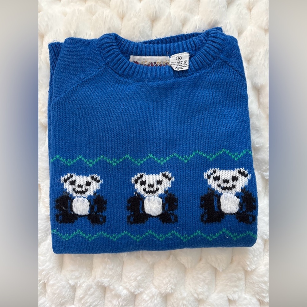 Noah’s Ark Vintage Panda Bear Sweater Youth Size 6 Knit Embroidered Blue